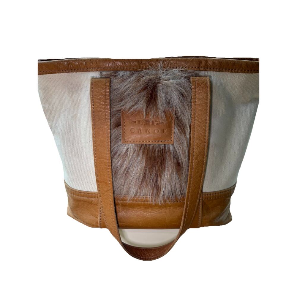 CANOE Canvas & Leather Tote Bag w/ Fur Panel Boho Artisan Shoulder Bag